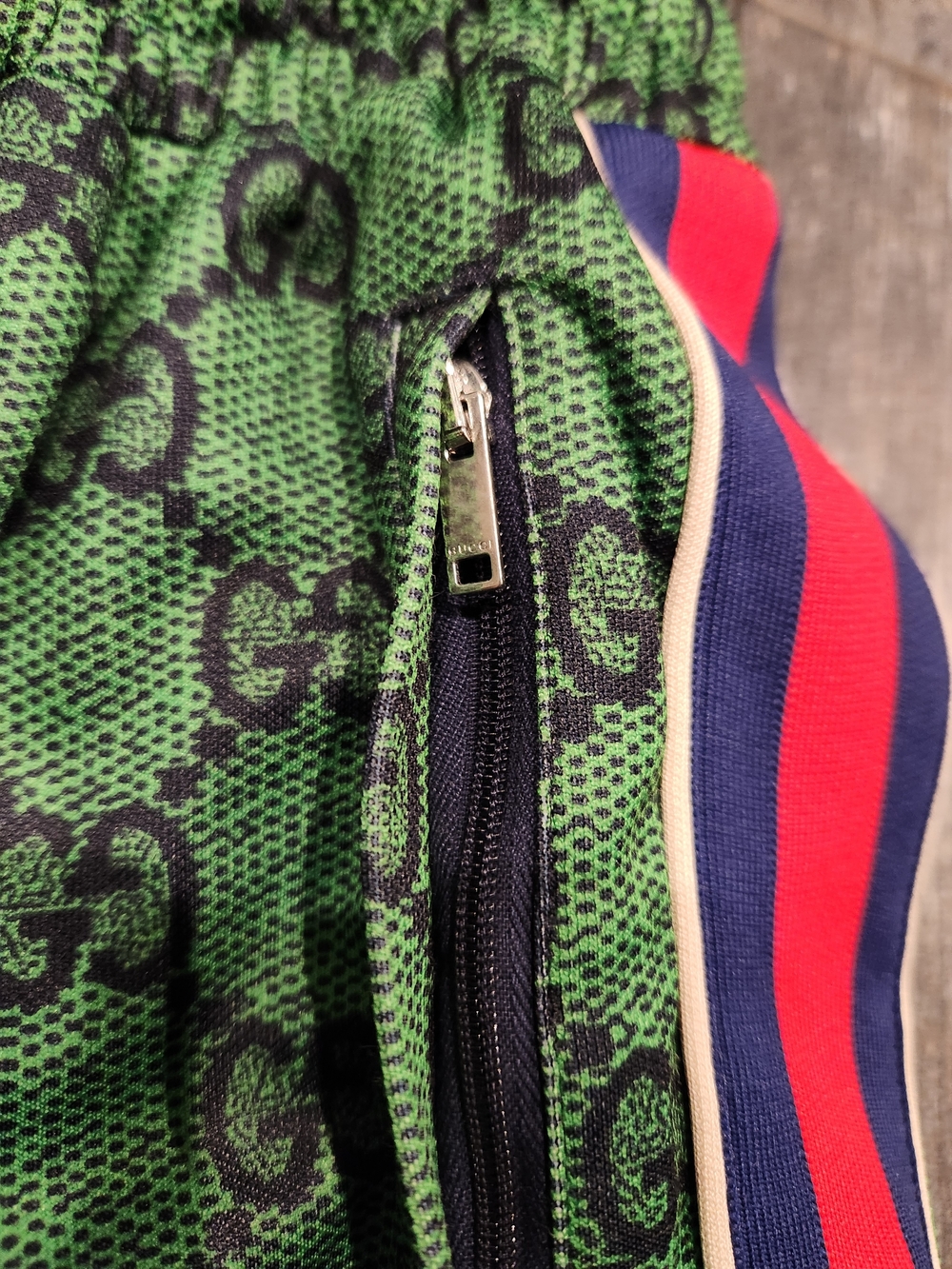 GUCCI Green GG Monogram Track Pants with Red/Blue Side Stripes - Picture 5 of 13